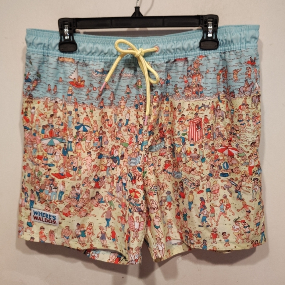 Where's Waldo Men's Day At The Beach Theme Swim Trunks Shorts Sz L Summer Vacay